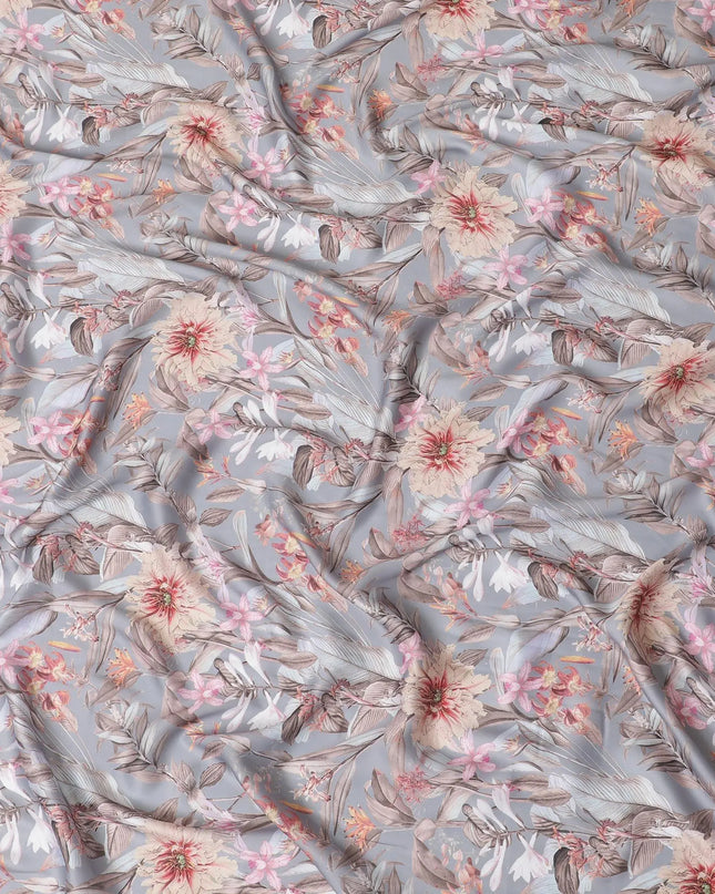Silver grey synthetic crepe fabric with multicolor print in floral design-D15668 Regal Fabrics