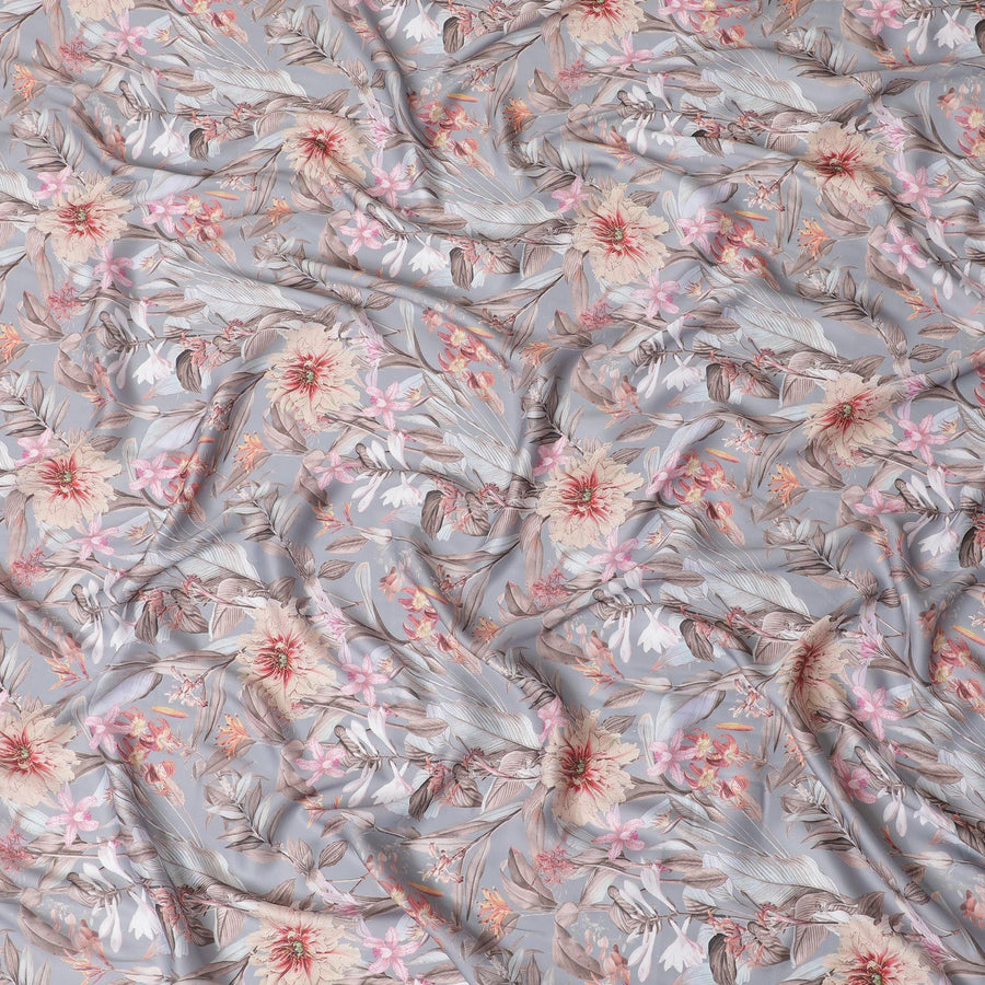 Silver grey synthetic crepe fabric with multicolor print in floral design-D15668