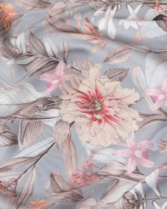 Silver grey synthetic crepe fabric with multicolor print in floral design-D15668 Regal Fabrics