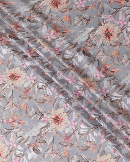 Silver grey synthetic crepe fabric with multicolor print in floral design-D15668