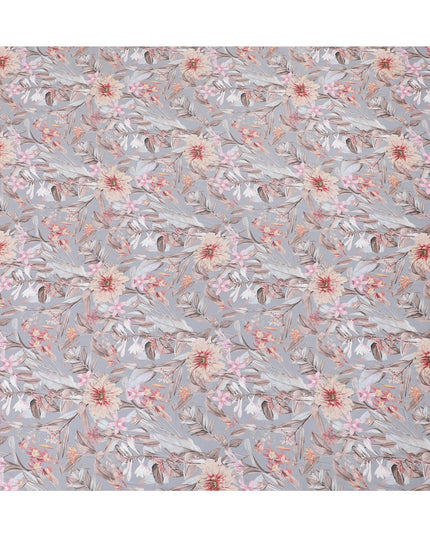 Silver grey synthetic crepe fabric with multicolor print in floral design-D15668