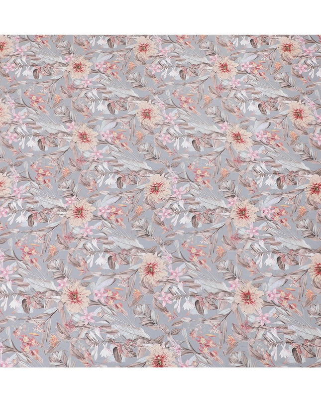 Silver grey synthetic crepe fabric with multicolor print in floral design-D15668 Regal Fabrics