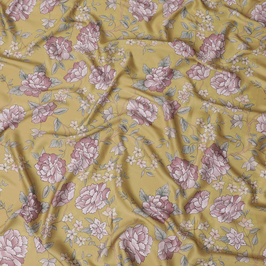 قماش كريب صناعي أصفر الهندباء مع طباعة متعددة الألوان بتصميم الأزهار-D15670