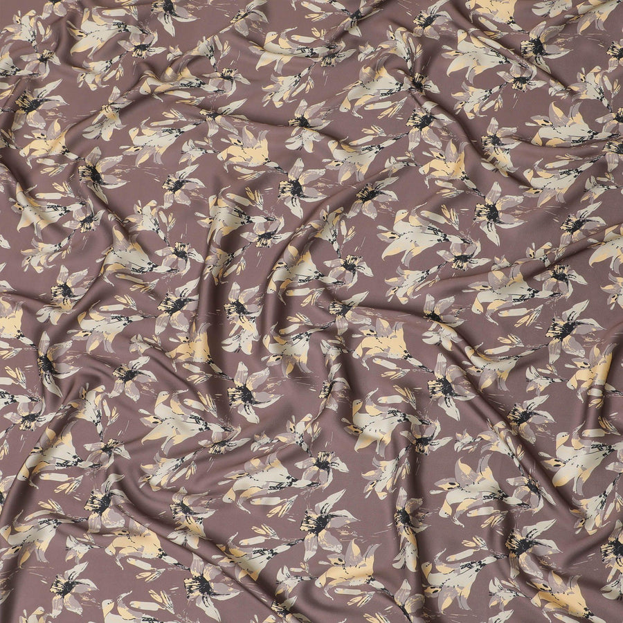 Pecan brown synthetic crepe fabric with multicolor print in floral design-D15672