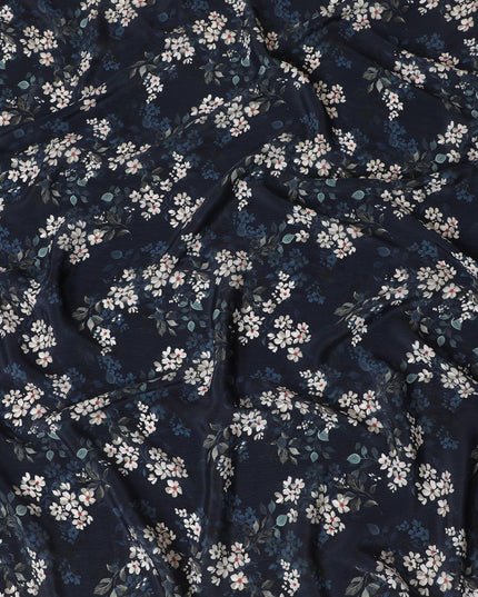 Navy blue synthetic crepe fabric with white, light green and red digital prints in floral design-D15769