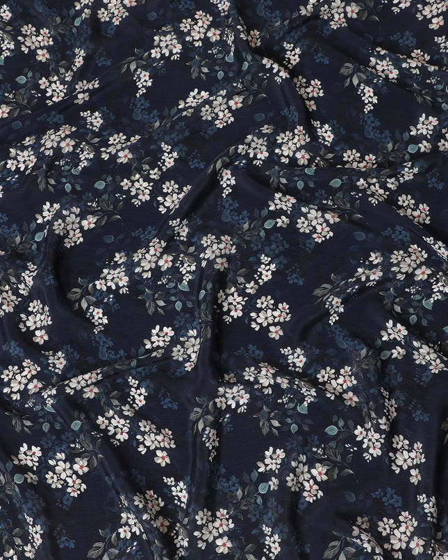 Navy blue synthetic crepe fabric with white, light green and red digital prints in floral design-D15769 Regal Fabrics