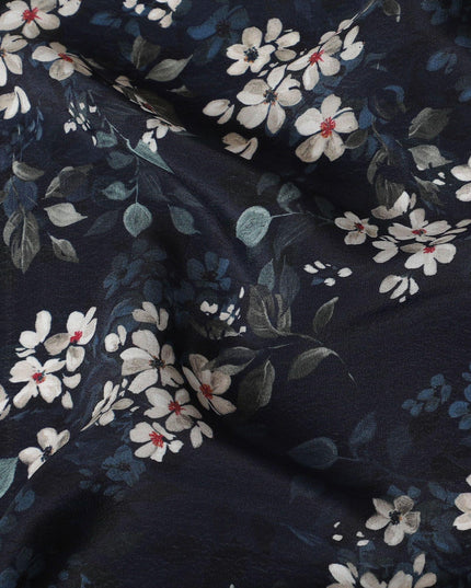 Navy blue synthetic crepe fabric with white, light green and red digital prints in floral design-D15769