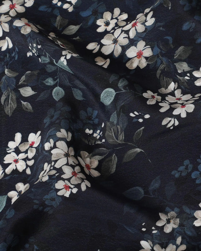 Navy blue synthetic crepe fabric with white, light green and red digital prints in floral design-D15769 Regal Fabrics