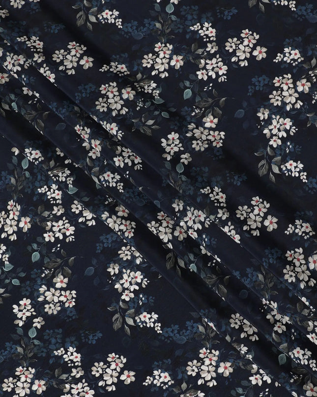Navy blue synthetic crepe fabric with white, light green and red digital prints in floral design-D15769 Regal Fabrics