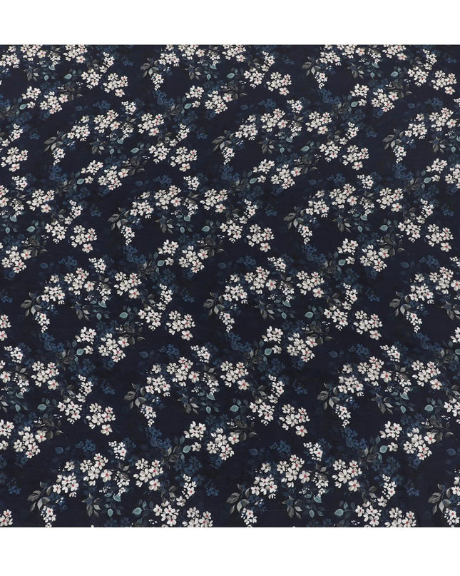 Navy blue synthetic crepe fabric with white, light green and red digital prints in floral design-D15769 Regal Fabrics