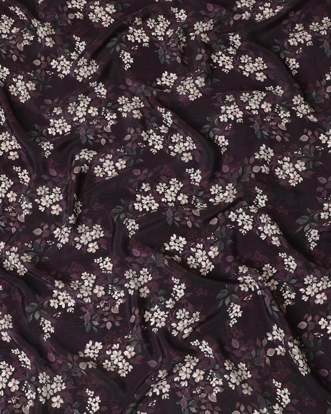 Sangria purple synthetic crepe fabric with white, light green and red digital prints in floral design-D15770 Regal Fabrics