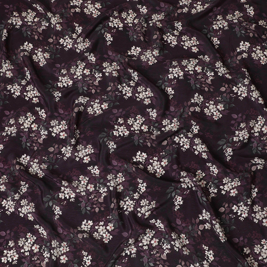 Sangria purple synthetic crepe fabric with white, light green and red digital prints in floral design-D15770