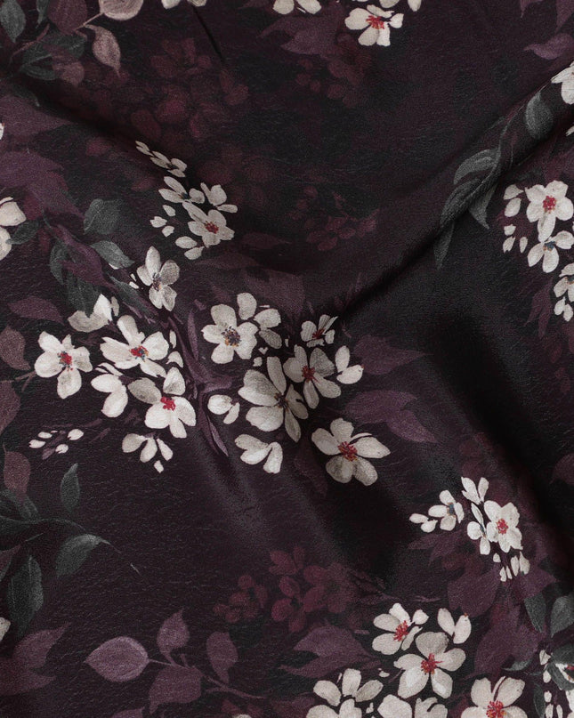 Sangria purple synthetic crepe fabric with white, light green and red digital prints in floral design-D15770 Regal Fabrics