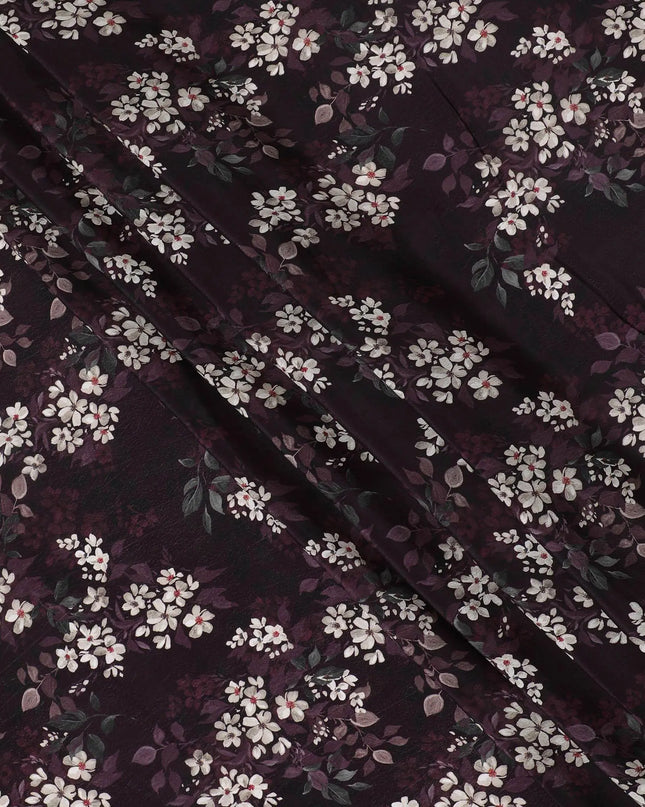 Sangria purple synthetic crepe fabric with white, light green and red digital prints in floral design-D15770 Regal Fabrics