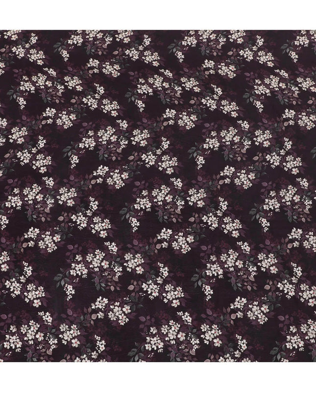 Sangria purple synthetic crepe fabric with white, light green and red digital prints in floral design-D15770 Regal Fabrics