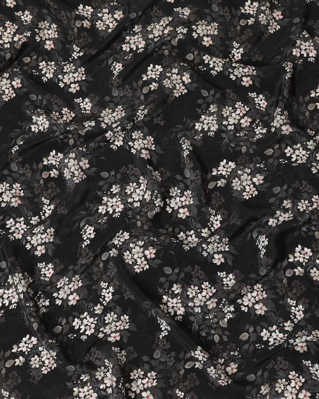 Black synthetic crepe fabric with white, light green and red digital prints in floral design-D15771