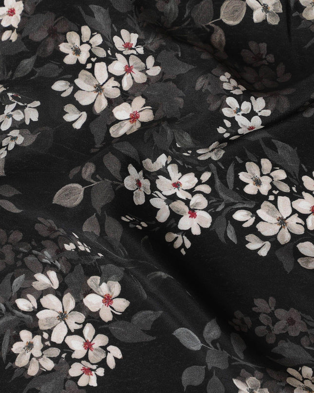 Black synthetic crepe fabric with white, light green and red digital prints in floral design-D15771