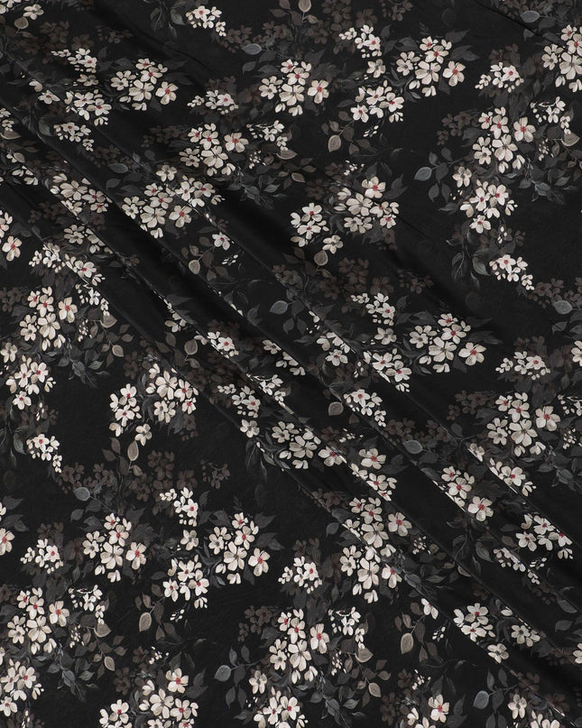 Black synthetic crepe fabric with white, light green and red digital prints in floral design-D15771