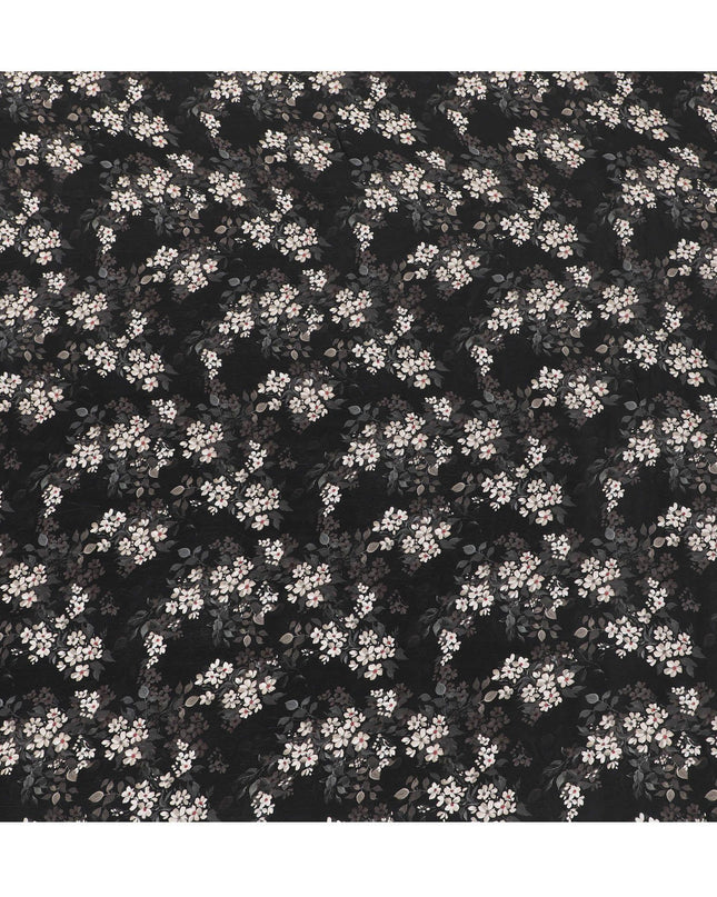 Black synthetic crepe fabric with white, light green and red digital prints in floral design-D15771