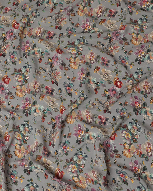 قماش كريب صناعي باللون الرمادي مع مطبوعات رقمية متعددة الألوان بتصميم الأزهار-D15774