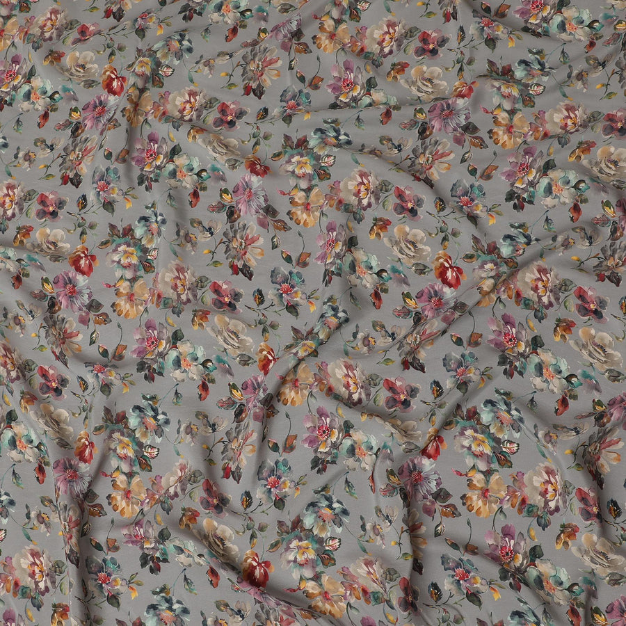 Coin grey synthetic crepe fabric with multi color digital prints in floral design-D15774