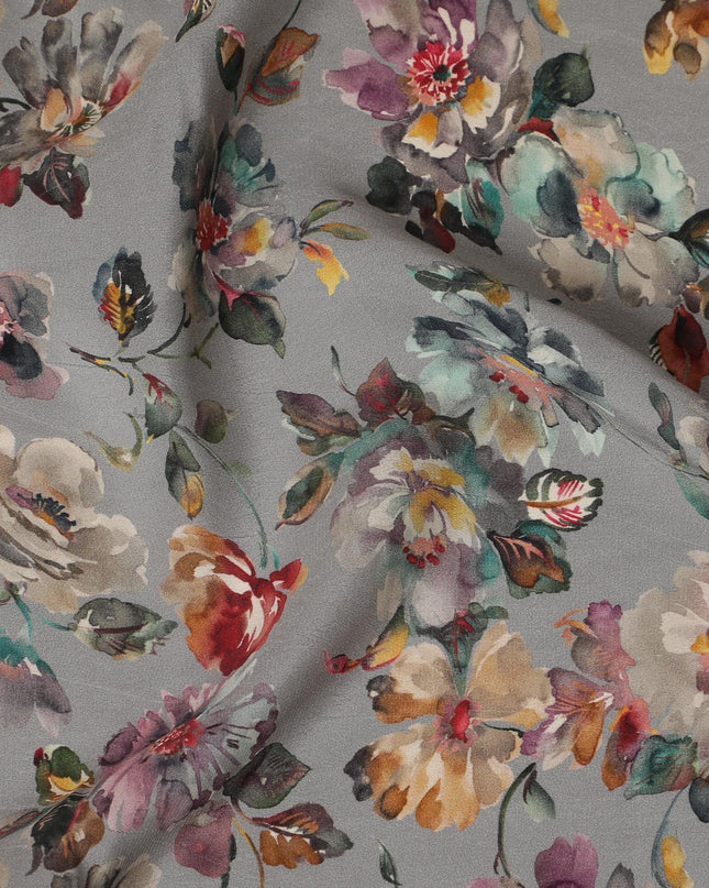 قماش كريب صناعي باللون الرمادي مع مطبوعات رقمية متعددة الألوان بتصميم الأزهار-D15774