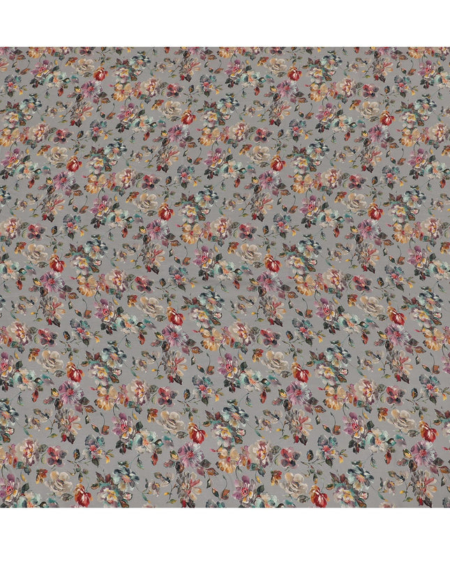 قماش كريب صناعي باللون الرمادي مع مطبوعات رقمية متعددة الألوان بتصميم الأزهار-D15774