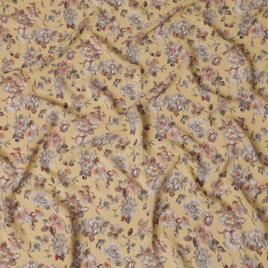 Linen white synthetic crepe fabric with multi color digital prints in floral design-D15775