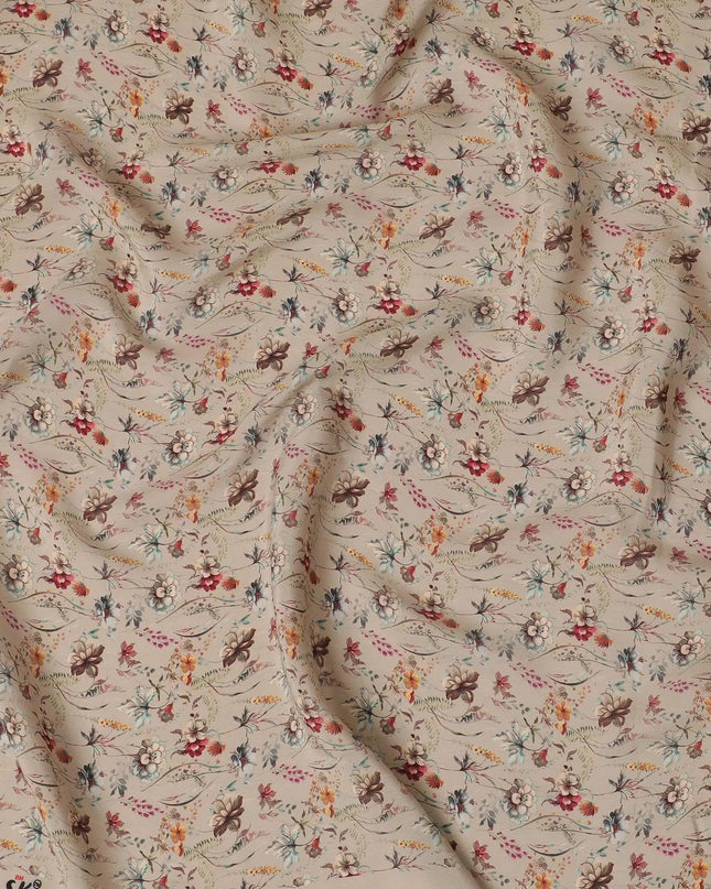 Tan beige synthetic crepe fabric with multi color digital prints in floral design-D15779 Regal Fabrics