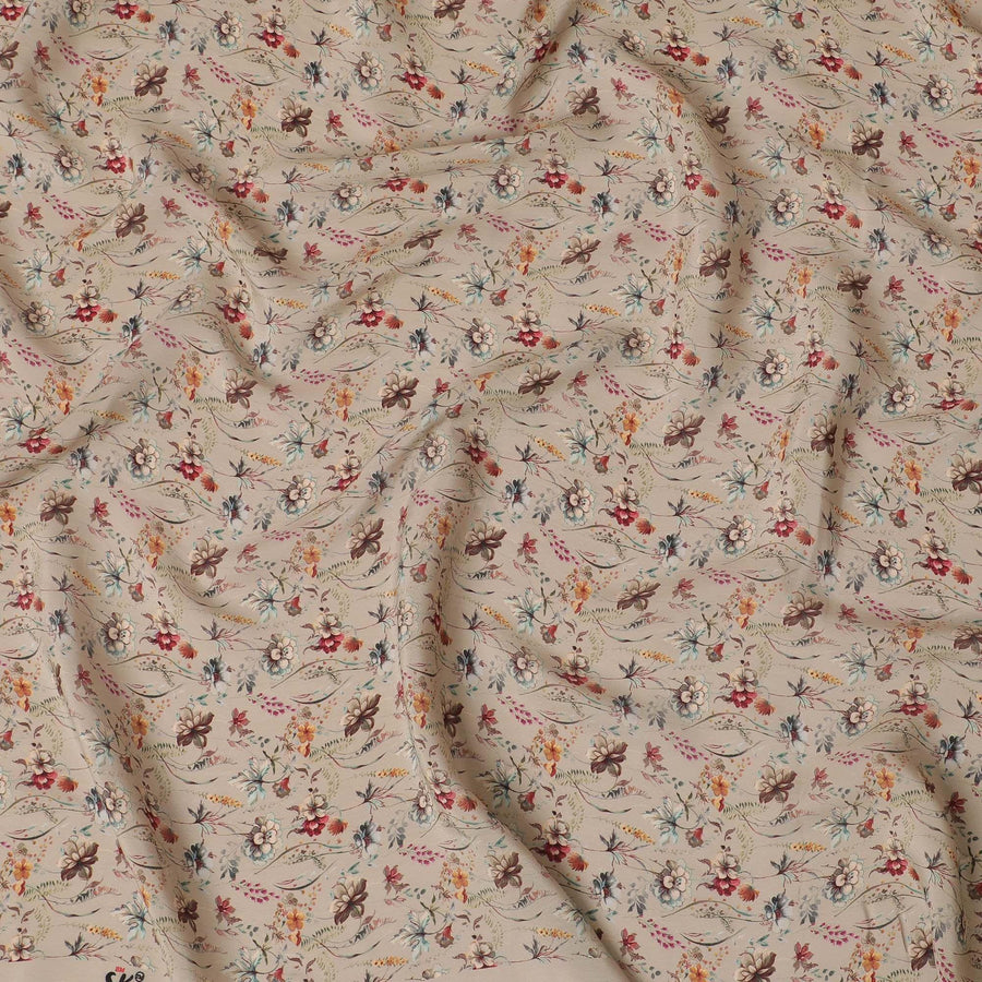 Tan beige synthetic crepe fabric with multi color digital prints in floral design-D15779