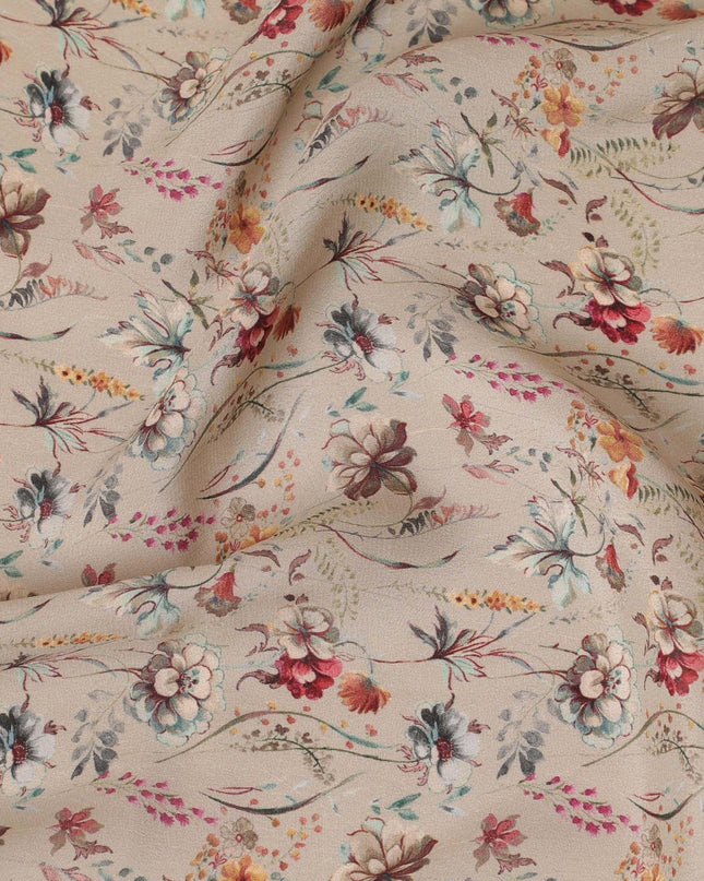 Tan beige synthetic crepe fabric with multi color digital prints in floral design-D15779 Regal Fabrics
