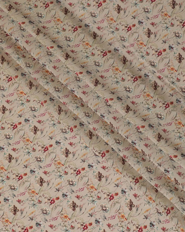 Tan beige synthetic crepe fabric with multi color digital prints in floral design-D15779 Regal Fabrics
