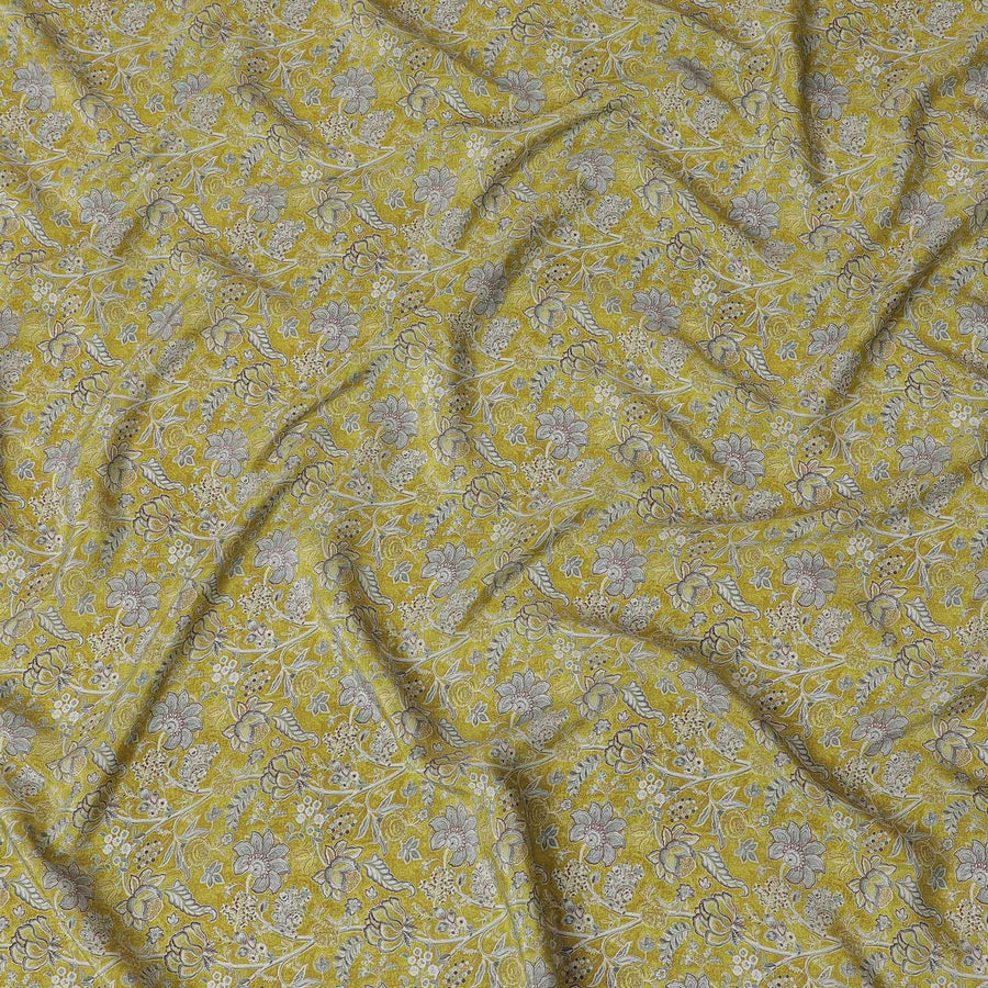 Olive green synthetic crepe fabric with grey and maroon digital prints in floral design-D15780