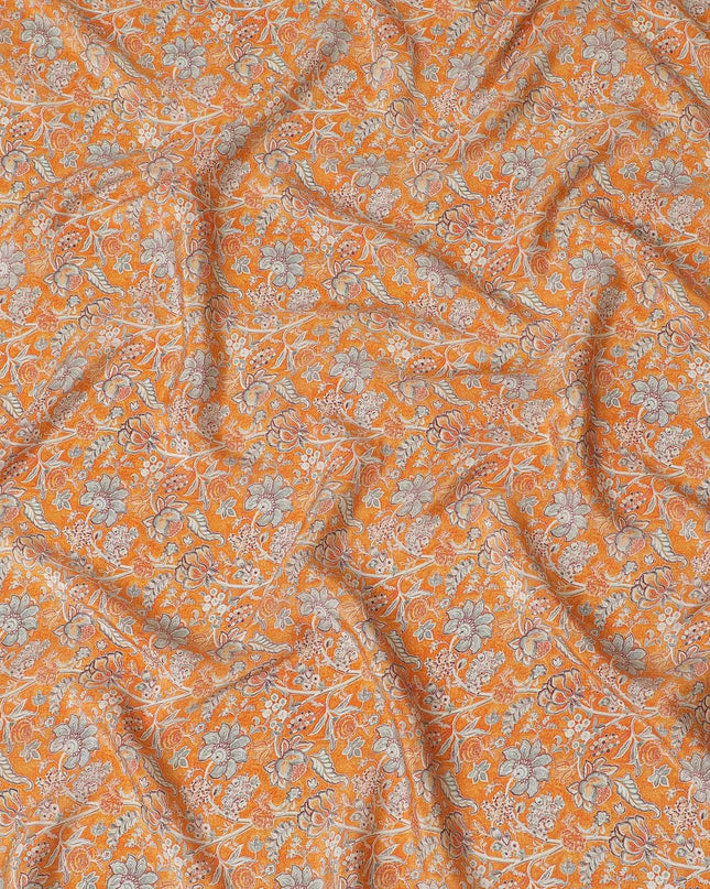Tangerine orange synthetic crepe fabric with grey and maroon digital prints in floral design-D15781 Regal Fabrics