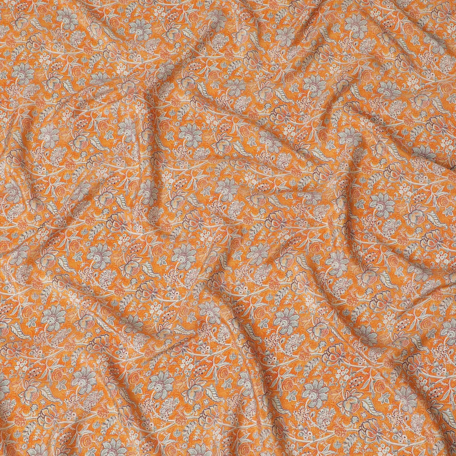 Tangerine orange synthetic crepe fabric with grey and maroon digital prints in floral design-D15781