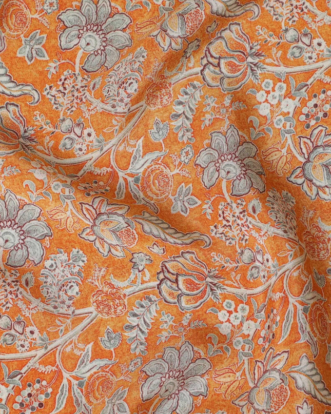 Tangerine orange synthetic crepe fabric with grey and maroon digital prints in floral design-D15781 Regal Fabrics