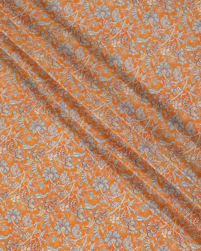 Tangerine orange synthetic crepe fabric with grey and maroon digital prints in floral design-D15781 Regal Fabrics
