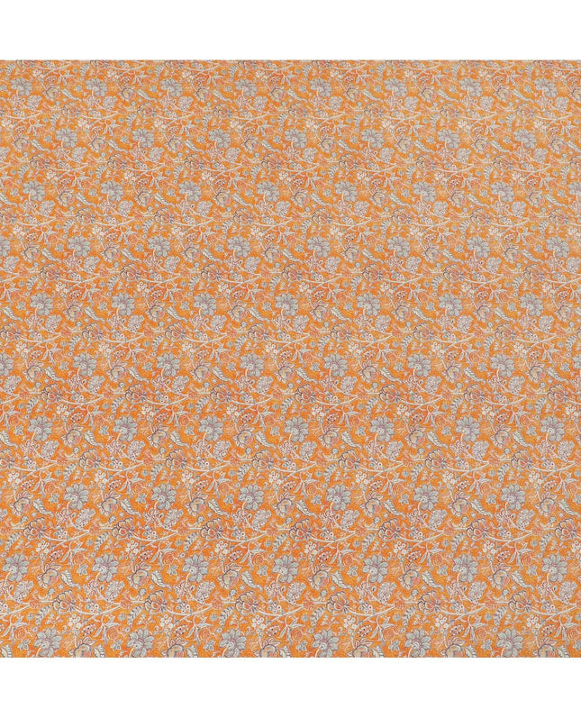 Tangerine orange synthetic crepe fabric with grey and maroon digital prints in floral design-D15781 Regal Fabrics