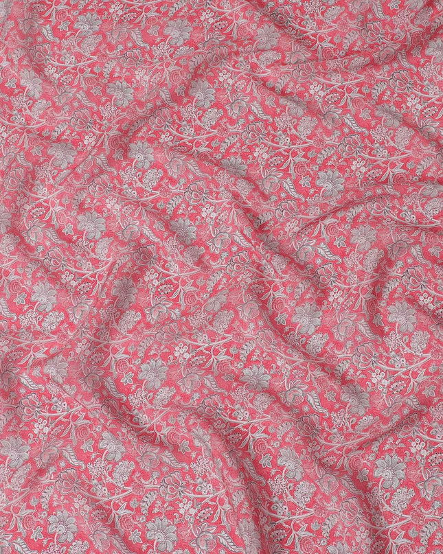 Hot pink synthetic crepe fabric with grey and maroon digital prints in floral design-D15782