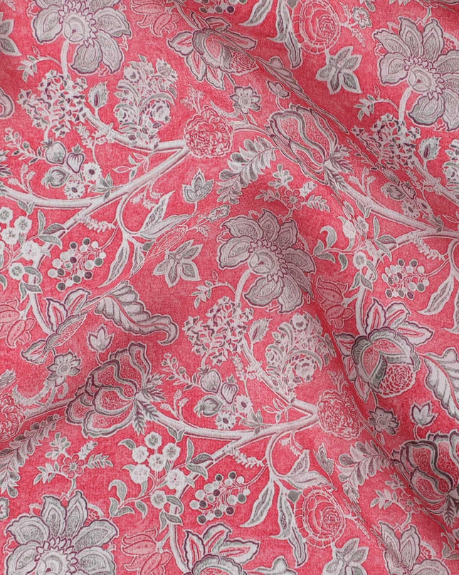 Hot pink synthetic crepe fabric with grey and maroon digital prints in floral design-D15782