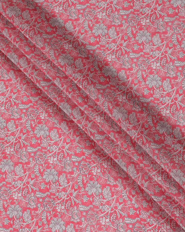 Hot pink synthetic crepe fabric with grey and maroon digital prints in floral design-D15782