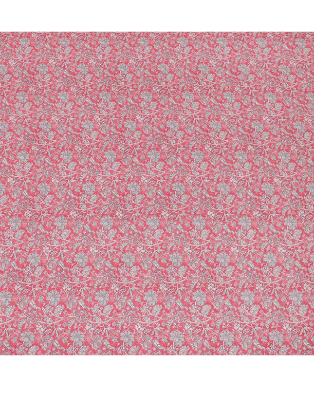 Hot pink synthetic crepe fabric with grey and maroon digital prints in floral design-D15782
