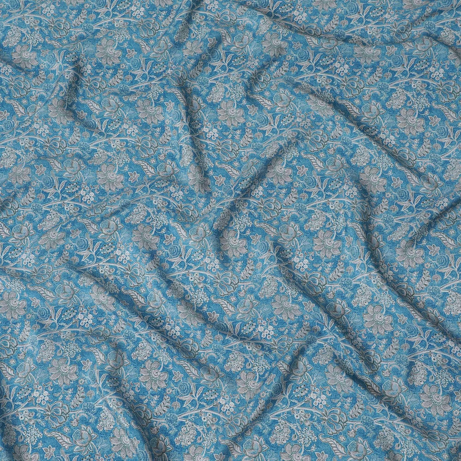 Cerulean blue synthetic crepe fabric with grey and maroon digital prints in floral design-D15783
