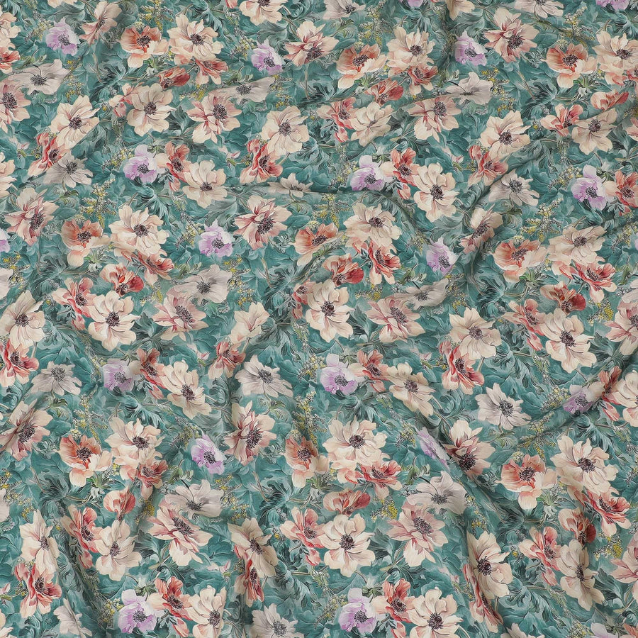 Goddess green synthetic crepe fabric with multi color digital prints in floral design-D15789