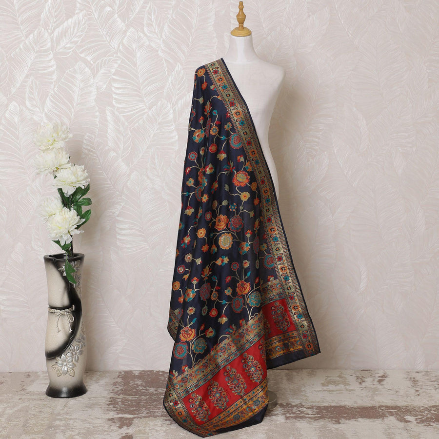 Navy blue blended cotton silk dupatta with multicolor jacquard in floral design-D15928