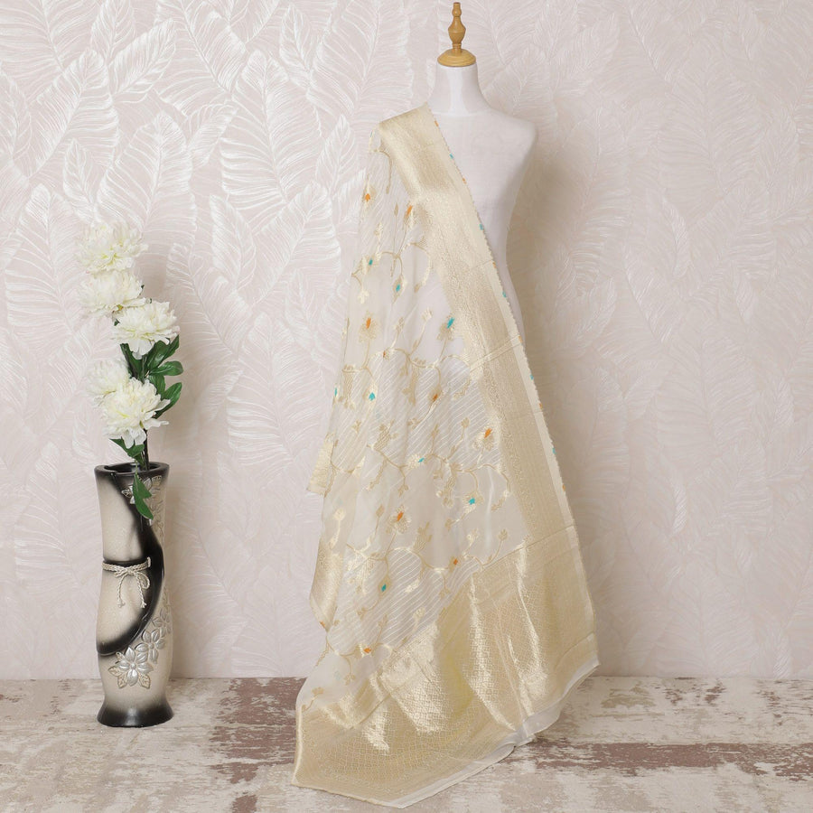 Off white Premium synthetic organza dupatta with multicolor jacquard and gold metallic in floral design-D15930