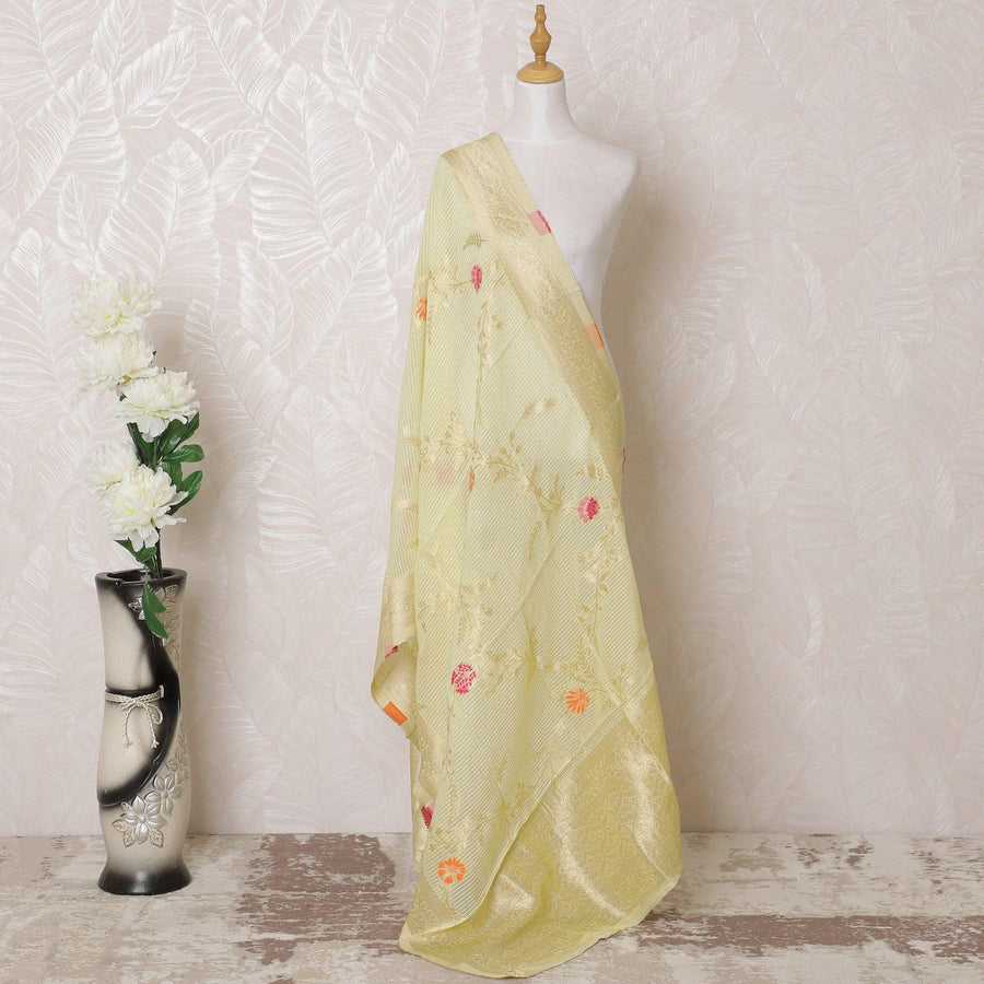 Tea green Premium synthetic organza dupatta with multicolor jacquard and gold metallic in floral design-D15937