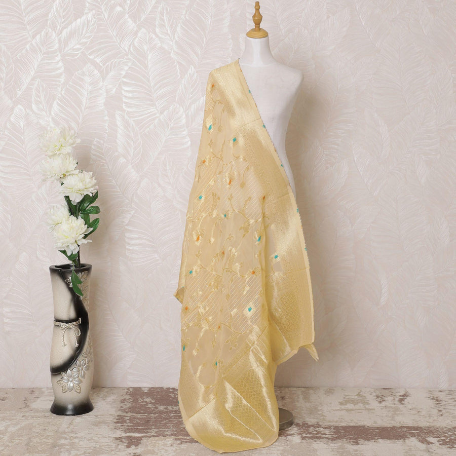 Salmon peach Premium synthetic organza dupatta with multicolor jacquard and gold metallic in floral design-D15939