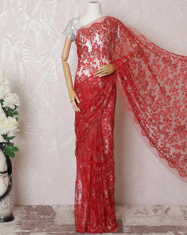 Red, gold Premium pure French metallic chantilly lace saree in floral design-D16091 Regal Fabrics