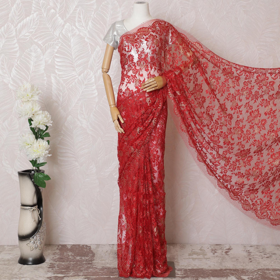 Red, gold Premium pure French metallic chantilly lace saree in floral design-D16091